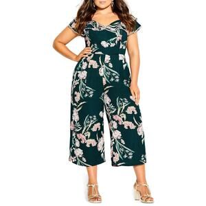 NEW City Chic Jumpsuit Women's Size 16 Green Fresh Field Floral Off The Shoulder